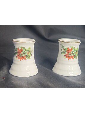VTG Pair Christmas Porcelain Taper Candle Holder Poinsettias Holly Gold Rimmed